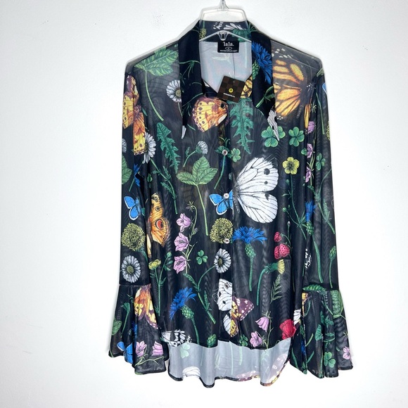 New Dressed In LaLa Paris for the Weekend Mesh Button Up Folklore Florals Top - Picture 4 of 7